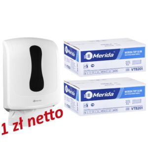 Pojemnik na ręczniki składane MERIDA ONE biały za 1 zł netto przy zakupie 2 kartonów ręczników składanych MERIDA TOP SLIM VTB201 (2 x 4200 = 8 400 listków)