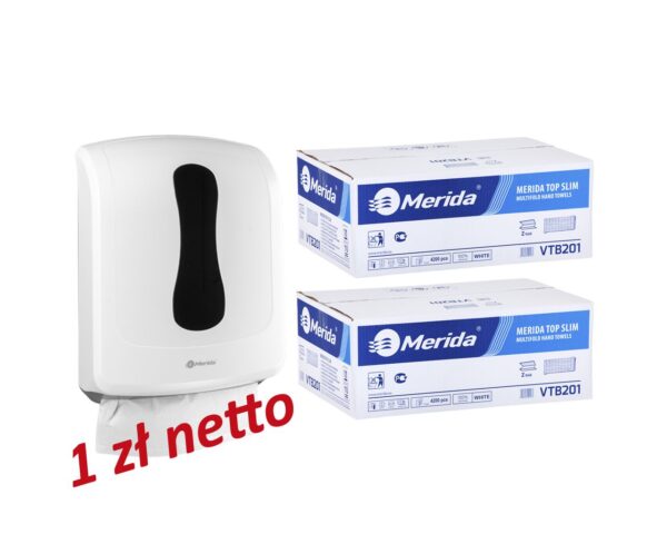 Pojemnik na ręczniki składane MERIDA ONE biały za 1 zł netto przy zakupie 2 kartonów ręczników składanych MERIDA TOP SLIM VTB201 (2 x 4200 = 8 400 listków) Pojemnik na ręczniki składane MERIDA ONE biały za 1 zł netto przy zakupie 2 kartonów ręczników składanych MERIDA TOP SLIM VTB201 (2 x 4200 = 8 400 listków)