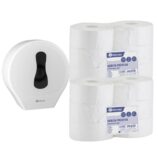 Pojemnik na papier toaletowy MERIDA ONE biały za 25 zł netto przy zakupie 2 opakowań papieru MERIDA PREMIUM PPB101 (12 x 200 m = 2400 m, 12 000 listków)