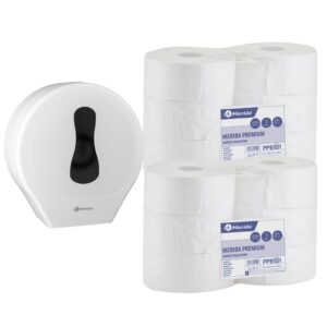 Pojemnik na papier toaletowy MERIDA ONE biały za 25 zł netto przy zakupie 2 opakowań papieru MERIDA PREMIUM PPB101 (12 x 200 m = 2400 m, 12 000 listków)