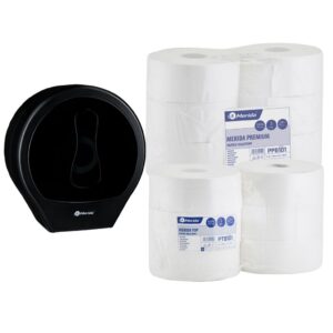 Pojemnik na papier toaletowy MERIDA ONE czarny za 25 zł netto przy zakupie 1 opakowania papieru MERIDA TOP PTB101 i 1 opakowania papieru MERIDA PREMIUM PPB101 (6 x 245 m + 6 x 200 m = 2670 m, 11 880 listków)