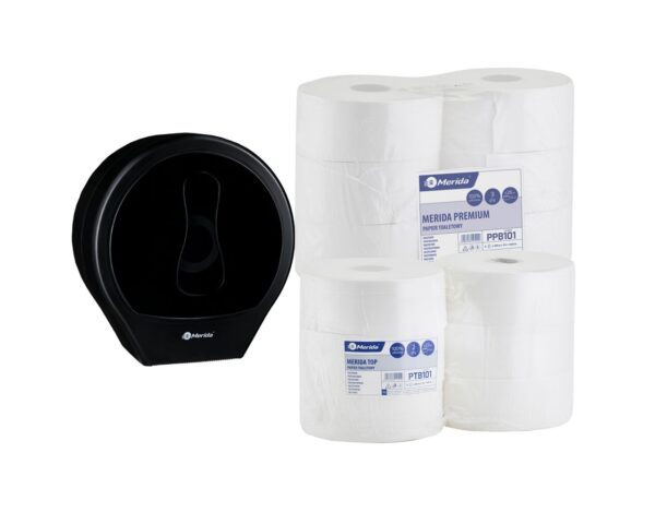 Pojemnik na papier toaletowy MERIDA ONE czarny za 25 zł netto przy zakupie 1 opakowania papieru MERIDA TOP PTB101 i 1 opakowania papieru MERIDA PREMIUM PPB101 (6 x 245 m + 6 x 200 m = 2670 m, 11 880 listków) Pojemnik na papier toaletowy MERIDA ONE czarny za 25 zł netto przy zakupie 1 opakowania papieru MERIDA TOP PTB101 i 1 opakowania papieru MERIDA PREMIUM PPB101 (6 x 245 m + 6 x 200 m = 2670 m, 11 880 listków)