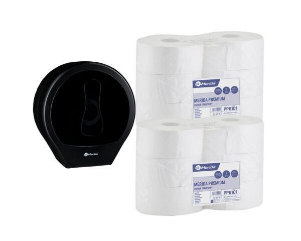 Pojemnik na papier toaletowy MERIDA ONE czarny za 25 zł netto przy zakupie 2 opakowań papieru MERIDA PREMIUM PPB101 (12 x 200 m = 2400 m, 12 000 listków) Pojemnik na papier toaletowy MERIDA ONE czarny za 25 zł netto przy zakupie 2 opakowań papieru MERIDA PREMIUM PPB101 (12 x 200 m = 2400 m, 12 000 listków)