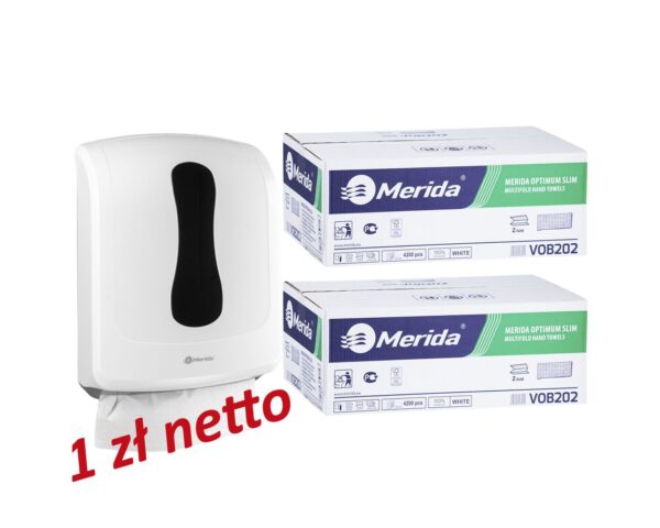 Pojemnik na ręczniki składane MERIDA ONE biały za 1 zł netto przy zakupie 2 kartonów ręczników MERIDA OPTIMUM SLIM VOB202 (2 x 4200 = 8 400 listków) Pojemnik na ręczniki składane MERIDA ONE biały za 1 zł netto przy zakupie 2 kartonów ręczników MERIDA OPTIMUM SLIM VOB202 (2 x 4200 = 8 400 listków)