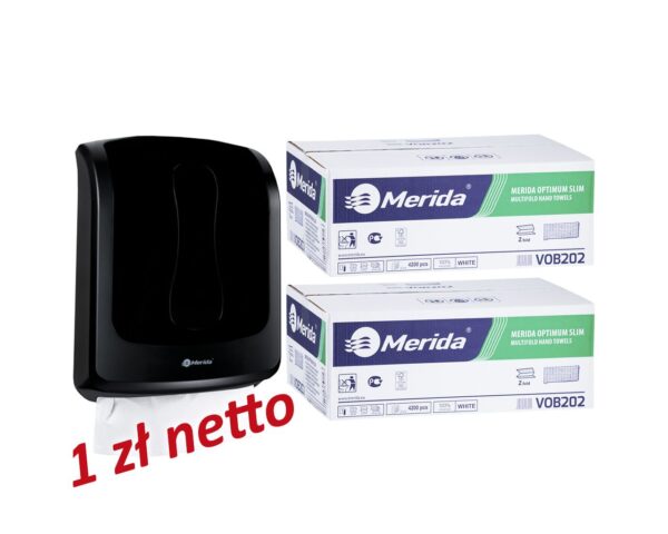 Pojemnik na ręczniki składane MERIDA ONE czarny za 1 zł netto przy zakupie 2 kartonów ręczników MERIDA OPTIMUM SLIM VOB202 (2 x 4200 = 8 400 listków) Pojemnik na ręczniki składane MERIDA ONE czarny za 1 zł netto przy zakupie 2 kartonów ręczników MERIDA OPTIMUM SLIM VOB202 (2 x 4200 = 8 400 listków)