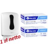 Pojemnik na ręczniki składane z linii MERIDA ONE biały za 1 zł netto przy zakupie 2 opakowań ręczników MERIDA TOP SLIM VTE202 (2 x 3000 = 6 000 listków)