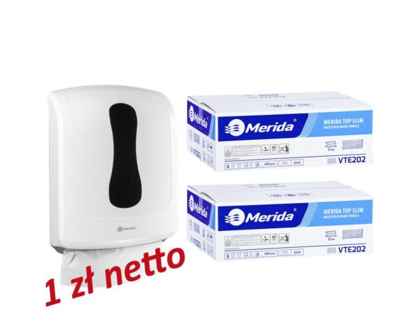 Pojemnik na ręczniki składane z linii MERIDA ONE biały za 1 zł netto przy zakupie 2 opakowań ręczników MERIDA TOP SLIM VTE202 (2 x 3000 = 6 000 listków) Pojemnik na ręczniki składane z linii MERIDA ONE biały za 1 zł netto przy zakupie 2 opakowań ręczników MERIDA TOP SLIM VTE202 (2 x 3000 = 6 000 listków)