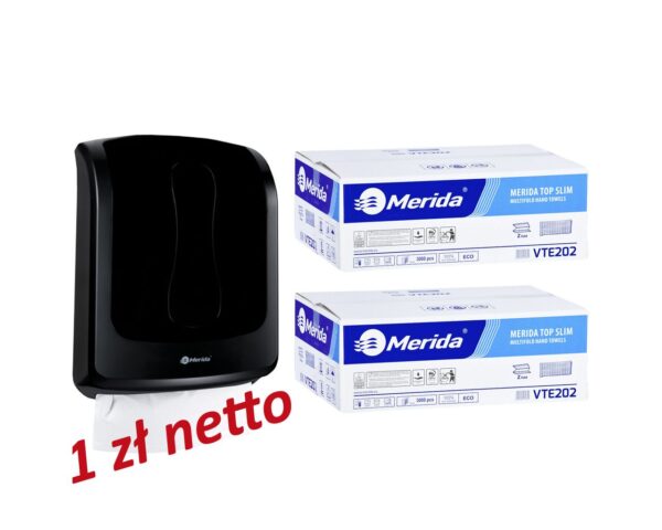 Pojemnik na ręczniki składane MERIDA ONE czarny za 1 zł netto przy zakupie 2 kartonów ręczników MERIDA TOP SLIM VTE202 (2 x 3000 = 6 000 listków) Pojemnik na ręczniki składane MERIDA ONE czarny za 1 zł netto przy zakupie 2 kartonów ręczników MERIDA TOP SLIM VTE202 (2 x 3000 = 6 000 listków)
