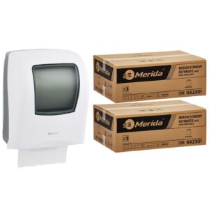 Mechaniczny podajnik ręczników MERIDA ONE biały za 75 zł netto przy zakupie 2 kartonów ręczników MERIDA ECONOMY AUTOMATIC RAZ301 (12 x 250 m = 3 000 m, 11 760 listków)