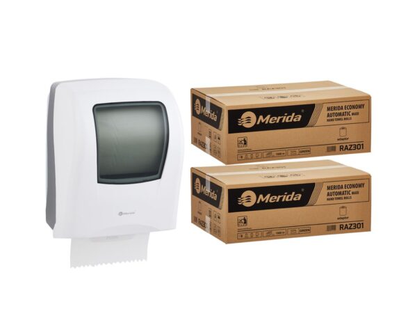 Mechaniczny podajnik ręczników MERIDA ONE biały za 75 zł netto przy zakupie 2 kartonów ręczników MERIDA ECONOMY AUTOMATIC RAZ301 (12 x 250 m = 3 000 m, 11 760 listków) Mechaniczny podajnik ręczników MERIDA ONE biały za 75 zł netto przy zakupie 2 kartonów ręczników MERIDA ECONOMY AUTOMATIC RAZ301 (12 x 250 m = 3 000 m, 11 760 listków)