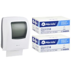 Mechaniczny podajnik ręczników MERIDA ONE biały za 75 zł netto przy zakupie 2 kartonów ręczników MERIDA TOP AUTOMATIC RAB309 (12 x 140 m = 3 000 m, 6 588 listków)