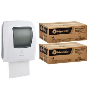 Automatyczny bezdotykowy podajnik ręczników MERIDA ONE biały za 175 zł netto przy zakupie 2 kartonów ręczników MERIDA ECONOMY AUTOMATIC RAZ301 (12 x 250 m = 3 000 m, 11 760 listków)