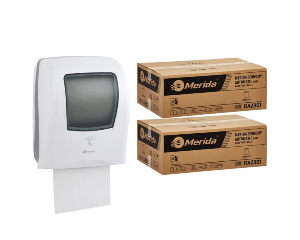 Automatyczny bezdotykowy podajnik ręczników MERIDA ONE biały za 175 zł netto przy zakupie 2 kartonów ręczników MERIDA ECONOMY AUTOMATIC RAZ301 (12 x 250 m = 3 000 m, 11 760 listków) Automatyczny bezdotykowy podajnik ręczników MERIDA ONE biały za 175 zł netto przy zakupie 2 kartonów ręczników MERIDA ECONOMY AUTOMATIC RAZ301 (12 x 250 m = 3 000 m, 11 760 listków)