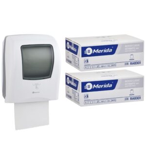 Automatyczny bezdotykowy podajnik ręczników MERIDA ONE biały za 175 zł netto przy zakupie 2 kartonów ręczników MERIDA CLASSIC AUTOMATIC RAB301 (12 x 250 m = 3 000 m, 11 760 listków)