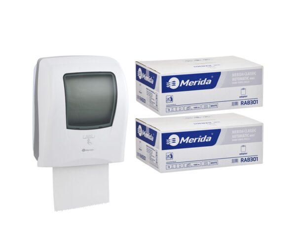 Automatyczny bezdotykowy podajnik ręczników MERIDA ONE biały za 175 zł netto przy zakupie 2 kartonów ręczników MERIDA CLASSIC AUTOMATIC RAB301 (12 x 250 m = 3 000 m, 11 760 listków) Automatyczny bezdotykowy podajnik ręczników MERIDA ONE biały za 175 zł netto przy zakupie 2 kartonów ręczników MERIDA CLASSIC AUTOMATIC RAB301 (12 x 250 m = 3 000 m, 11 760 listków)
