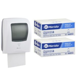 Automatyczny bezdotykowy podajnik ręczników MERIDA ONE biały za 175 zł netto przy zakupie 2 kartonów ręczników MERIDA OPTIMUM AUTOMATIC RAB312 (12 x 250 m = 3 000 m, 11 760 listków)