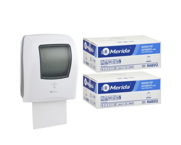 Automatyczny bezdotykowy podajnik ręczników MERIDA ONE biały za 175 zł netto przy zakupie 2 kartonów ręczników MERIDA OPTIMUM AUTOMATIC RAB312 (12 x 250 m = 3 000 m, 11 760 listków) Automatyczny bezdotykowy podajnik ręczników MERIDA ONE biały za 175 zł netto przy zakupie 2 kartonów ręczników MERIDA OPTIMUM AUTOMATIC RAB312 (12 x 250 m = 3 000 m, 11 760 listków)
