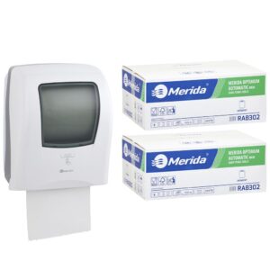Automatyczny bezdotykowy podajnik ręczników MERIDA ONE biały za 175 zł netto przy zakupie 2 kartonów ręczników MERIDA OPTIMUM AUTOMATIC RAB302 (12 x 250 m = 3 000 m, 11 760 listków)
