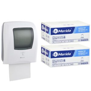 Automatyczny bezdotykowy podajnik ręczników MERIDA ONE biały za 175 zł netto przy zakupie 2 kartonów ręczników MERIDA TOP AUTOMATIC RAB309 (12 x 140 m = 3 000 m, 6 588 listków)