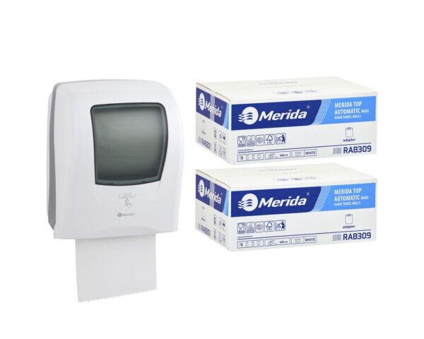 Automatyczny bezdotykowy podajnik ręczników MERIDA ONE biały za 175 zł netto przy zakupie 2 kartonów ręczników MERIDA TOP AUTOMATIC RAB309 (12 x 140 m = 3 000 m, 6 588 listków) Automatyczny bezdotykowy podajnik ręczników MERIDA ONE biały za 175 zł netto przy zakupie 2 kartonów ręczników MERIDA TOP AUTOMATIC RAB309 (12 x 140 m = 3 000 m, 6 588 listków)