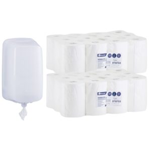 Pojemnik na ręczniki w roli z linii MERIDA HARMONY MINI za 25 zł netto przy zakupie 2 opakowań ręczników w roli MERIDA TOP CENTER PULL MINI RTB703 (24 x 80 m = 1 920 m, 5 472 listków)