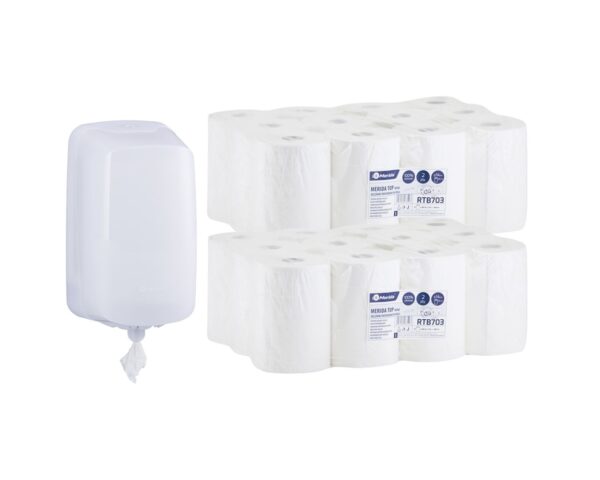 Pojemnik na ręczniki w roli z linii MERIDA HARMONY MINI za 25 zł netto przy zakupie 2 opakowań ręczników w roli MERIDA TOP CENTER PULL MINI RTB703 (24 x 80 m = 1 920 m, 5 472 listków) Pojemnik na ręczniki w roli z linii MERIDA HARMONY MINI za 25 zł netto przy zakupie 2 opakowań ręczników w roli MERIDA TOP CENTER PULL MINI RTB703 (24 x 80 m = 1 920 m, 5 472 listków)