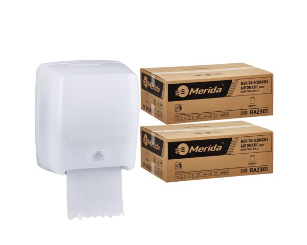 Mechaniczny podajnik ręczników MERIDA HARMONY za 75 zł netto przy zakupie 2 kartonów ręczników MERIDA ECONOMY AUTOMATIC RAZ301 (12 x 250 m = 3 000 m, 11 100 listków) Mechaniczny podajnik ręczników MERIDA HARMONY za 75 zł netto przy zakupie 2 kartonów ręczników MERIDA ECONOMY AUTOMATIC RAZ301 (12 x 250 m = 3 000 m, 11 100 listków)