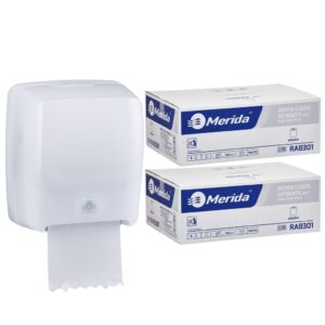 Mechaniczny podajnik ręczników MERIDA HARMONY za 75 zł netto przy zakupie 2 kartonów ręczników MERIDA CLASSIC AUTOMATIC RAB301 (12 x 250 m = 3 000 m, 11 100 listków)