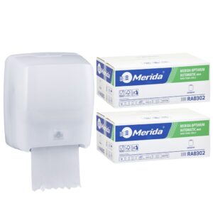 Mechaniczny podajnik ręczników MERIDA HARMONY za 75 zł netto przy zakupie 2 kartonów ręczników MERIDA OPTIMUM AUTOMATIC RAB302 (12 x 250 m = 3 000 m, 11 100 listków)