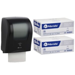 Automatyczny bezdotykowy podajnik ręczników MERIDA ONE czarny za 175 zł netto przy zakupie 2 kartonów ręczników MERIDA CLASSIC AUTOMATIC RAB301 (12 x 250 m = 3 000 m, 11 760 listków)