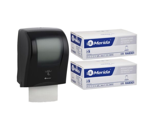 Automatyczny bezdotykowy podajnik ręczników MERIDA ONE czarny za 175 zł netto przy zakupie 2 kartonów ręczników MERIDA CLASSIC AUTOMATIC RAB301 (12 x 250 m = 3 000 m, 11 760 listków) Automatyczny bezdotykowy podajnik ręczników MERIDA ONE czarny za 175 zł netto przy zakupie 2 kartonów ręczników MERIDA CLASSIC AUTOMATIC RAB301 (12 x 250 m = 3 000 m, 11 760 listków)