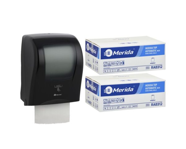 Automatyczny bezdotykowy podajnik ręczników MERIDA ONE czarny za 175 zł netto przy zakupie 2 kartonów ręczników MERIDA TOP AUTOMATIC RAB312 (12 x 240 m = 2 800 m, 11 292 listki) Automatyczny bezdotykowy podajnik ręczników MERIDA ONE czarny za 175 zł netto przy zakupie 2 kartonów ręczników MERIDA TOP AUTOMATIC RAB312 (12 x 240 m = 2 800 m, 11 292 listki)