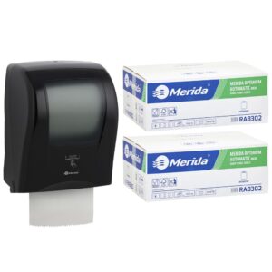 Automatyczny bezdotykowy podajnik ręczników MERIDA ONE czarny za 175 zł netto przy zakupie 2 kartonów ręczników MERIDA OPTIMUM AUTOMATIC RAB302 (12 x 250 m = 3 000 m, 11 760 listków)