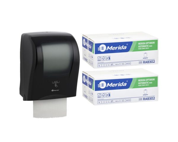 Automatyczny bezdotykowy podajnik ręczników MERIDA ONE czarny za 175 zł netto przy zakupie 2 kartonów ręczników MERIDA OPTIMUM AUTOMATIC RAB302 (12 x 250 m = 3 000 m, 11 760 listków) Automatyczny bezdotykowy podajnik ręczników MERIDA ONE czarny za 175 zł netto przy zakupie 2 kartonów ręczników MERIDA OPTIMUM AUTOMATIC RAB302 (12 x 250 m = 3 000 m, 11 760 listków)