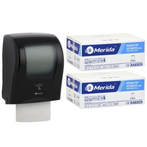 Automatyczny bezdotykowy podajnik ręczników MERIDA ONE czarny za 175 zł netto przy zakupie 2 kartonów ręczników MERIDA TOP AUTOMATIC RAB309 (12 x 140 m = 3 000 m, 6 588 listków)