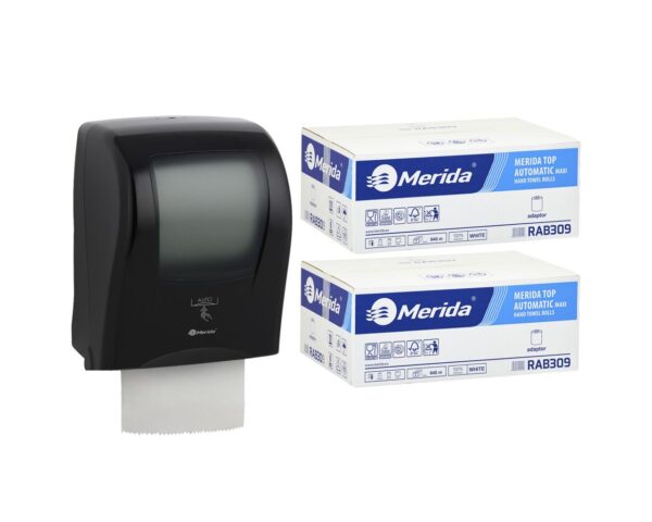 Automatyczny bezdotykowy podajnik ręczników MERIDA ONE czarny za 175 zł netto przy zakupie 2 kartonów ręczników MERIDA TOP AUTOMATIC RAB309 (12 x 140 m = 3 000 m, 6 588 listków) Automatyczny bezdotykowy podajnik ręczników MERIDA ONE czarny za 175 zł netto przy zakupie 2 kartonów ręczników MERIDA TOP AUTOMATIC RAB309 (12 x 140 m = 3 000 m, 6 588 listków)