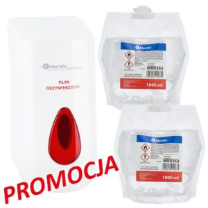 Dozownik płynu dezynfekcyjnego w sprayu MERIDA TOP i 2 wkłady z płynem MERIDA POLANA DDR+