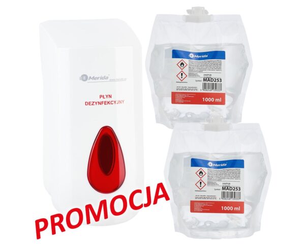 Dozownik płynu dezynfekcyjnego w sprayu MERIDA TOP i 2 wkłady z płynem MERIDA POLANA DDR+ Dozownik płynu dezynfekcyjnego w sprayu MERIDA TOP i 2 wkłady z płynem MERIDA POLANA DDR+