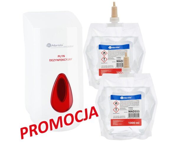 Dozownik płynu dezynfekcyjnego MERIDA TOP i 2 wkłady z płynem MERIDA POLANA DDR+ Dozownik płynu dezynfekcyjnego MERIDA TOP i 2 wkłady z płynem MERIDA POLANA DDR+