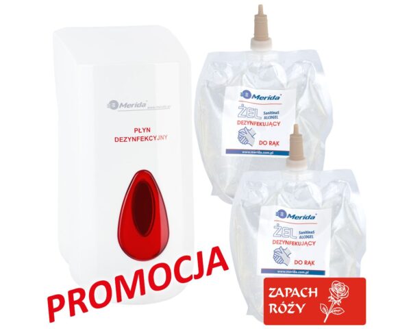 Dozownik żelu dezynfekcyjnego MERIDA TOP i 2 wkłady z żelem MERIDA o zapachu róży Dozownik żelu dezynfekcyjnego MERIDA TOP i 2 wkłady z żelem MERIDA o zapachu róży