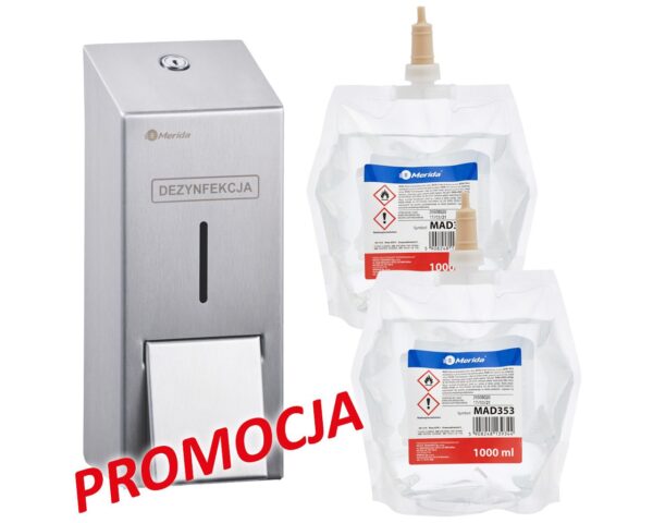 Dozownik płynu dezynfekcyjnego MERIDA STELLA i 2 wkłady z płynem MERIDA POLANA DDR+ Dozownik płynu dezynfekcyjnego MERIDA STELLA i 2 wkłady z płynem MERIDA POLANA DDR+