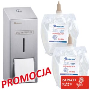 Dozownik żelu dezynfekcyjnego MERIDA STELLA i 2 wkłady z żelem MERIDA o zapachu róży