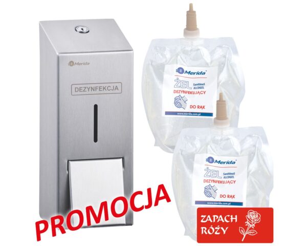 Dozownik żelu dezynfekcyjnego MERIDA STELLA i 2 wkłady z żelem MERIDA o zapachu róży Dozownik żelu dezynfekcyjnego MERIDA STELLA i 2 wkłady z żelem MERIDA o zapachu róży