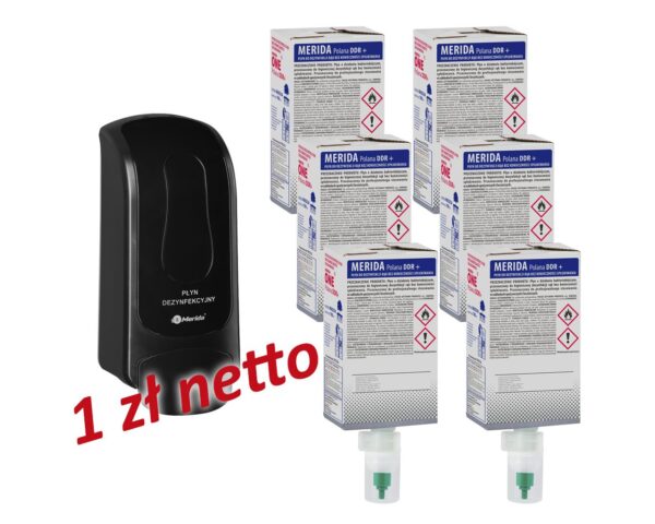 Dozownik płynu dezynfekcyjnego MERIDA ONE czarny za 1 zł netto przy zakupie 6 wkładów z płynem MERIDA POLANA DDR+ Dozownik płynu dezynfekcyjnego MERIDA ONE czarny za 1 zł netto przy zakupie 6 wkładów z płynem MERIDA POLANA DDR+
