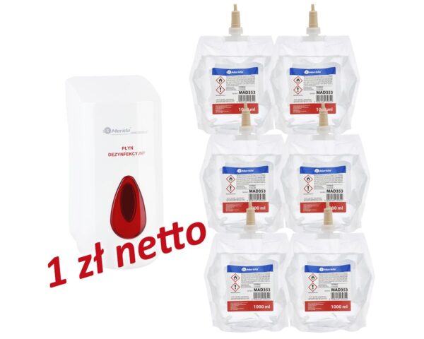 Dozownik płynu dezynfekcyjnego MERIDA TOP za 1 zł netto przy zakupie 6 wkładów z płynem MERIDA POLANA DDR+ Dozownik płynu dezynfekcyjnego MERIDA TOP za 1 zł netto przy zakupie 6 wkładów z płynem MERIDA POLANA DDR+