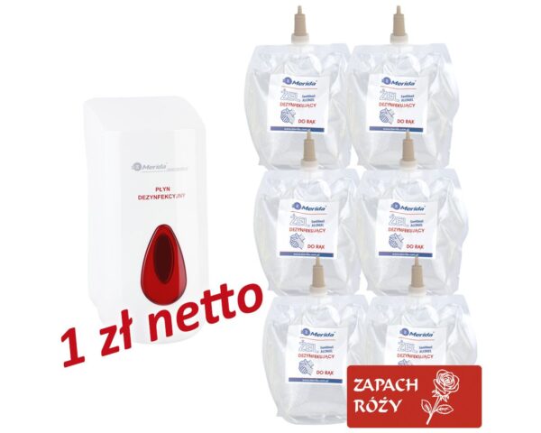 Dozownik żelu dezynfekcyjnego MERIDA TOP za 1 zł netto przy zakupie 6 wkładów z żelem MERIDA o zapachu róży Dozownik żelu dezynfekcyjnego MERIDA TOP za 1 zł netto przy zakupie 6 wkładów z żelem MERIDA o zapachu róży