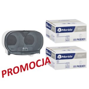 Pojemnik na dwie rolki papieru toaletowego bez gilzy MERIDA ONE biały za 25 zł netto przy zakupie 2 kartonów papiery toaletowego MERIDA CLASSIC (36 x 125 m = 4500 m, 18 000 listków)