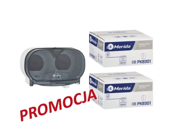 Pojemnik na dwie rolki papieru toaletowego bez gilzy MERIDA ONE biały za 25 zł netto przy zakupie 2 kartonów papiery toaletowego MERIDA CLASSIC (36 x 125 m = 4500 m, 18 000 listków) Pojemnik na dwie rolki papieru toaletowego bez gilzy MERIDA ONE biały za 25 zł netto przy zakupie 2 kartonów papiery toaletowego MERIDA CLASSIC (36 x 125 m = 4500 m, 18 000 listków)