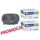 Pojemnik na dwie rolki papieru toaletowego bez gilzy MERIDA ONE biały za 25 zł netto przy zakupie 2 kartonów papiery toaletowego MERIDA OPTIMUM (36 x 85 m = 3060 m, 12 240 listków)