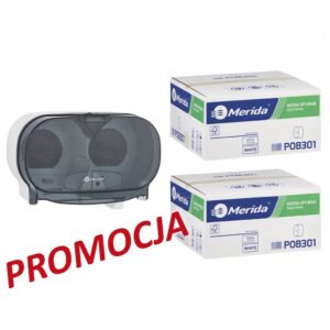 Pojemnik na dwie rolki papieru toaletowego bez gilzy MERIDA ONE biały za 25 zł netto przy zakupie 2 kartonów papiery toaletowego MERIDA OPTIMUM (36 x 85 m = 3060 m, 12 240 listków)